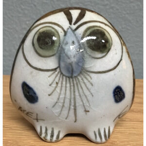 Vintage Mexican Tonala Pottery Owl Hand Painted Glazed Bird Green As Is